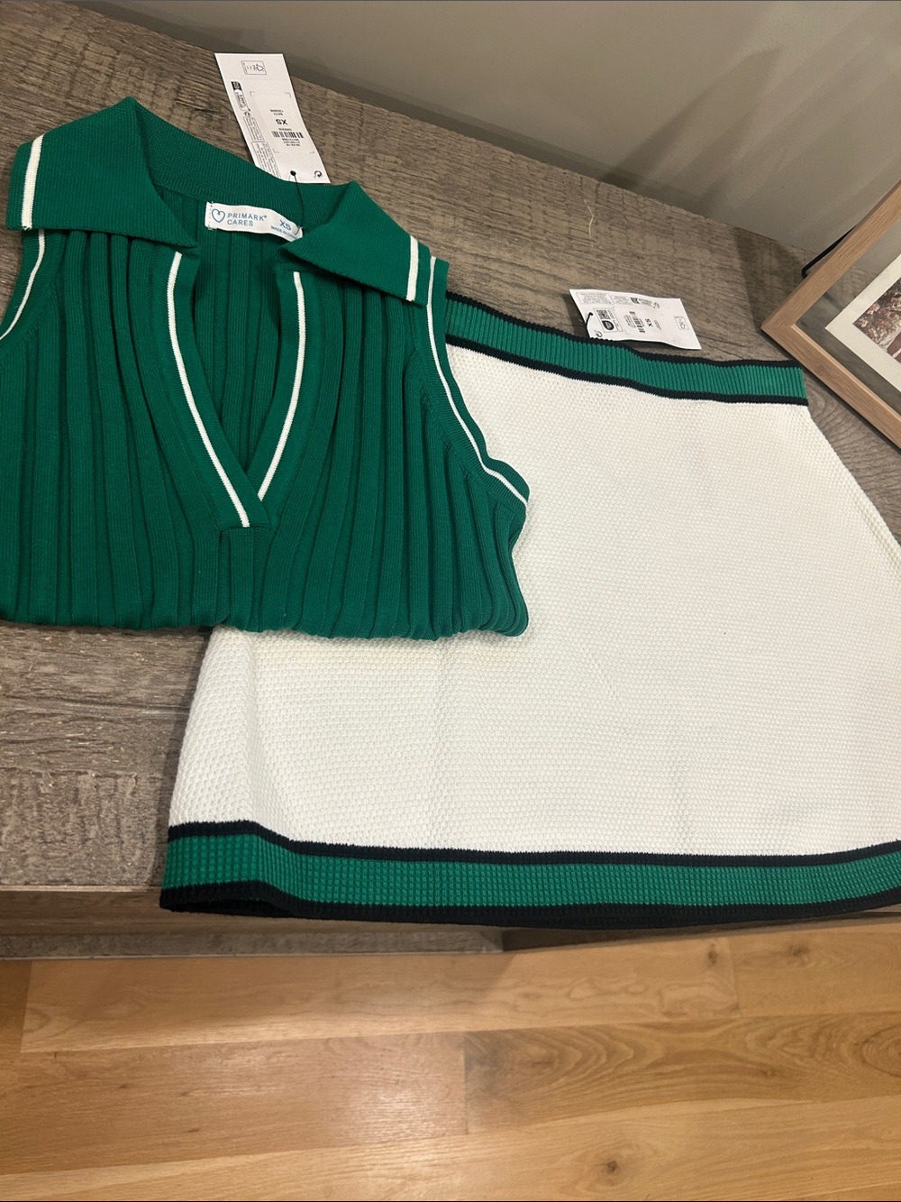 Primark XS Green Polo Knit Tank & White Tennis Skirt Set NWT